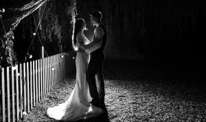 bride and groom at night