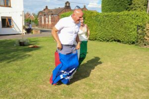 sack race at garden wedding