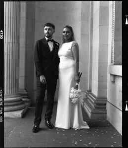 bride and groom at Marylebone registry office