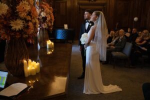 bride and groom at marylebone registry office