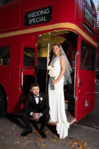 bride and groom on routemaster bus