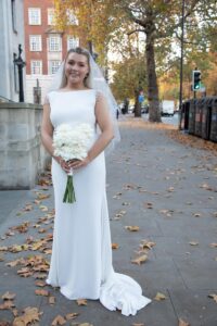 bride walks to marylebone registry office